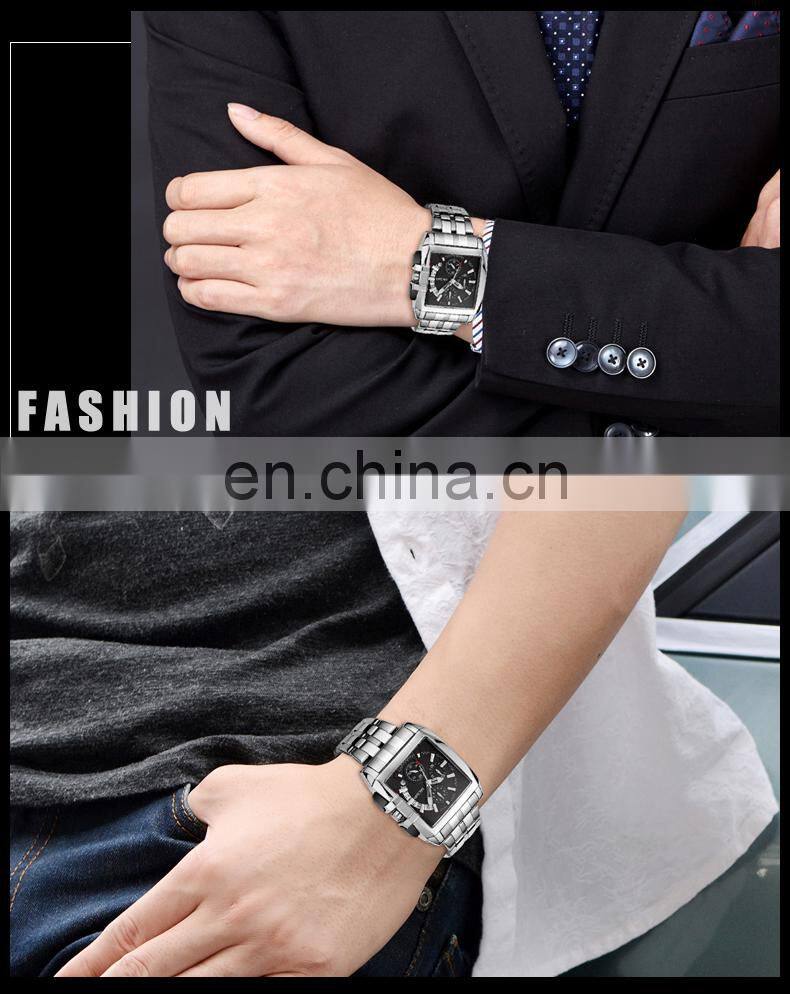 Megir 2018 Men's Square Stainless Steel Calendar Quartz Sport Military Chronograph Wristwatch Relogio Masculino