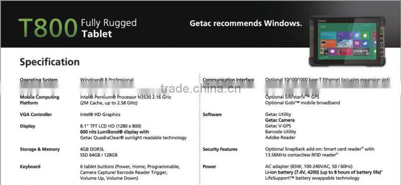 Taiwan Getac T 800 8 inch window rugged tablet pc with IP65 and 810G