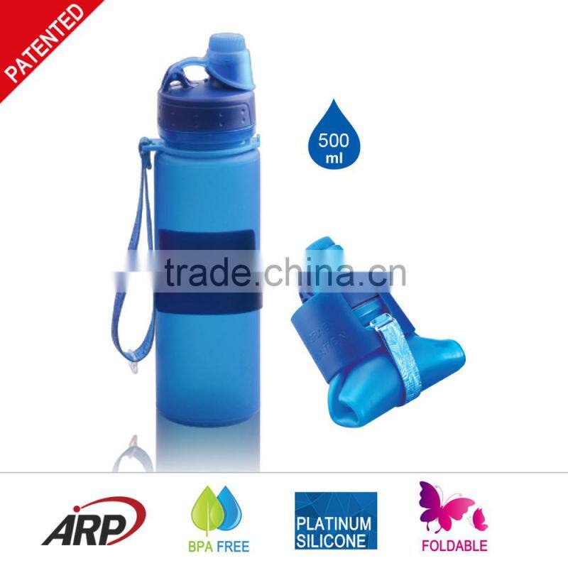 2016NEW Sports Outdoor 500ml/16oz Foldable Silicone Water Bottle, with Screw Lid Platinum material