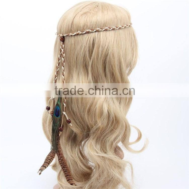 DSHB01 Tribal hair band indian peacock feather pendant headband golden leaves rope knitted belt elastic hairband