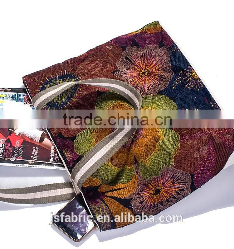 Linen Cotton Women Floral Embroidery Tote Bag Shopping Bag