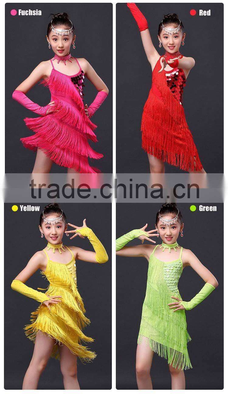 2016 Children Dance Skirt with Sleeves Sequins Latin Dresses Backless Fringe Children Latin Dance Dress for Girls Competition