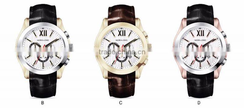 New design quartz luxury black Genuine leather chronograph watch with calendar