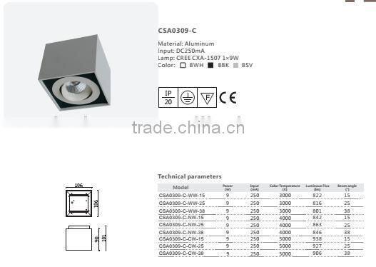 Modern COB ceiling LED light 9W square spot light downlight 360 degree adjustable