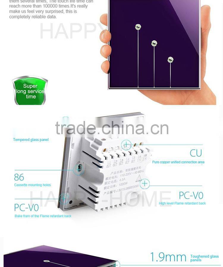 New Wallpad Pink LED Waterproof UK Crystal Glass 110~250V 4 gang 1 way Sensor Touch Screen Light Control Wall Switch