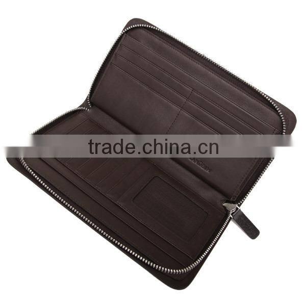 Popular Long Style Zipper Around Genuine Leather Brown Waiter Wallet