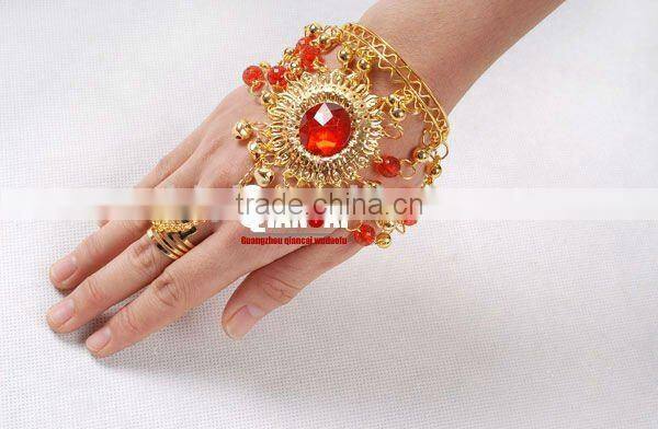 wholesale belly dance accessory bracelet with rings attached and big ruby (T010)
