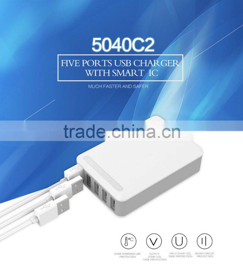 40W 8A 5 Port Smart Intelligent Desktop USB Wall Travel Charger Adapter Charging Station for smart phones and tablet
