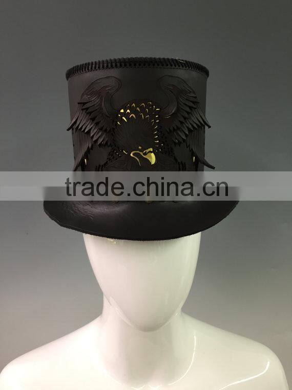 Black leather Victorian Corset style / Steampunk / Gothic / Emo style Top Hat w. solid metal bat badge