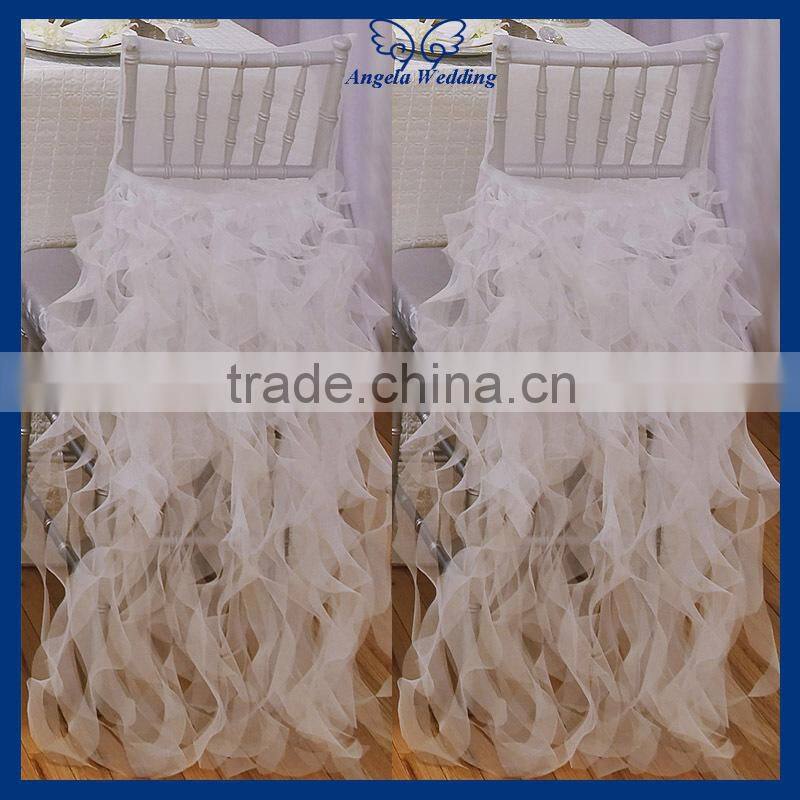 CH098A New 2015 wholesale Nice cheap organza wedding ruffled curly willow blue and white chair sash