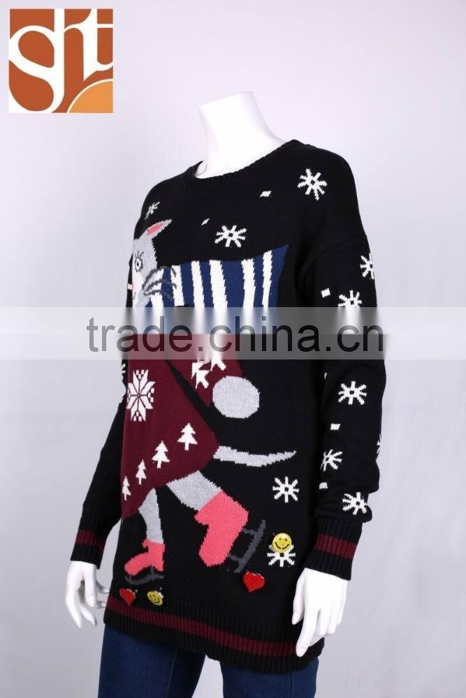 Ladies' new design beautiful round neck long sleeve pullover knitted sweater with jacquard