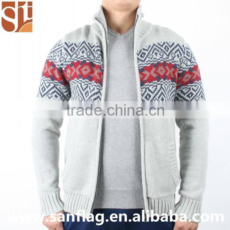 2016 China import direct man high collar long sleeve cardigan jacket coat christmas jacquard knit sweater with kangaroo pocket
