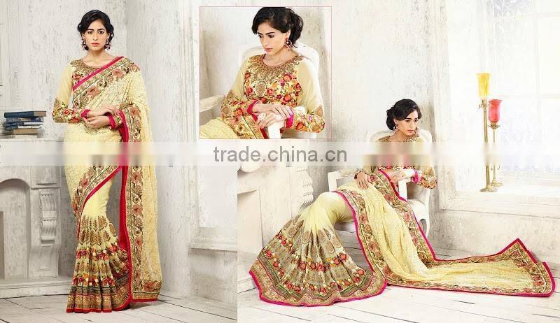 Gold & Magenta Georgette On Net Saree