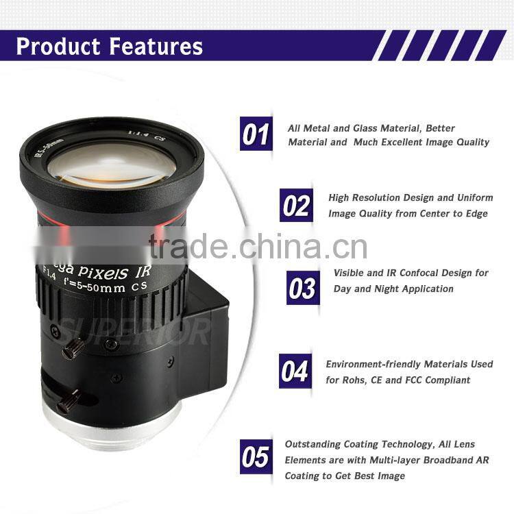 new product top quality 1/2.7inch F1.4 Mega Pixels manual cctv zoom lens for board camera 5-50mm