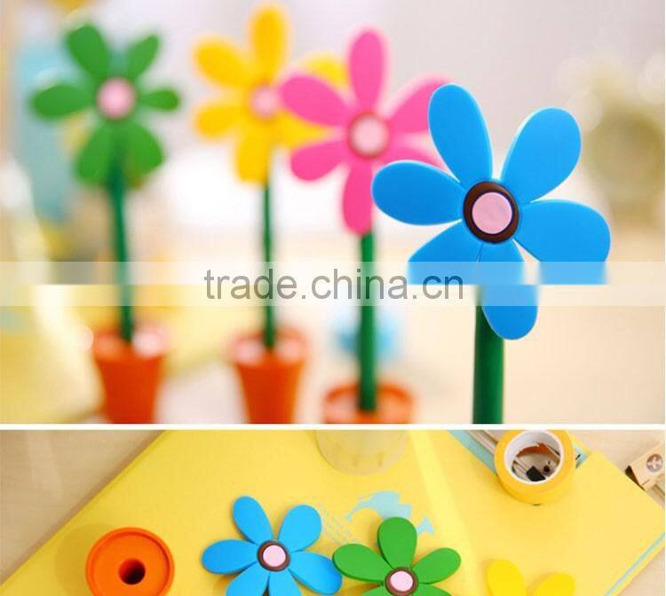 promotional wholesale cheap funny school office stationery mini cartoon silicone plastic sun flower pot roller ball point pen