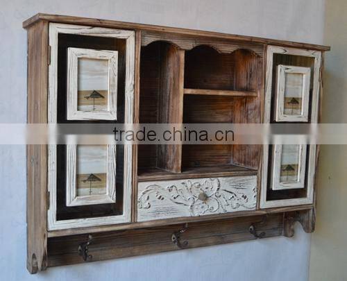 2016 Newest Distressed wood wall shelf with hooks wall mounted shelf with drawer