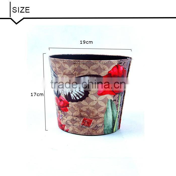 Household Butterfly And Flower Print Waste Bin Faux Leather Trash Can
