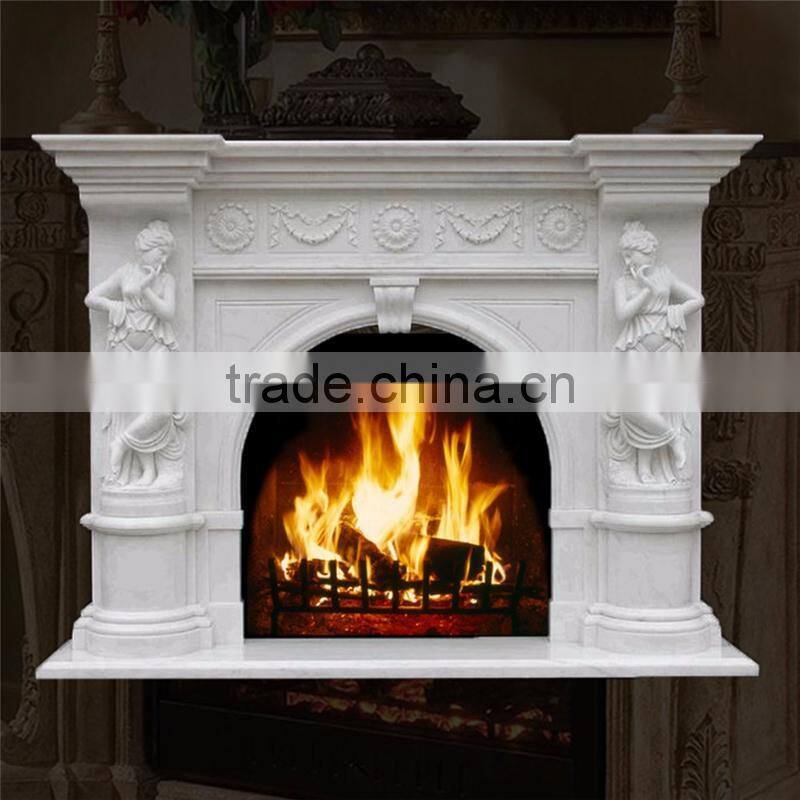 Indoor hand carving woman sculpture white marble fireplace