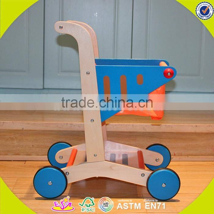 wholesale baby wooden shopping cart toy, orange color wooden shopping cart toy, cheap wooden shopping cart toy W16E016