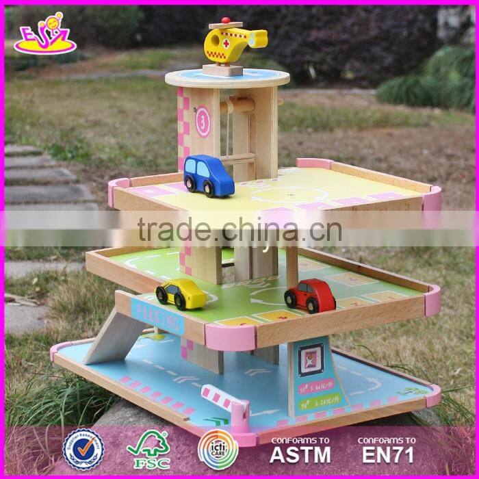 2017 new products lovely pink children wooden toy garage for cars W04B050