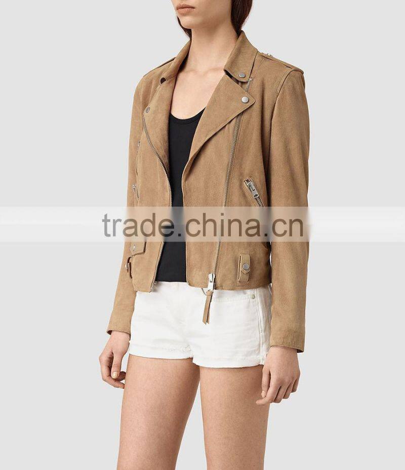 Cool newest slim fitting zip pockets classic city style blank suede biker jacket for women