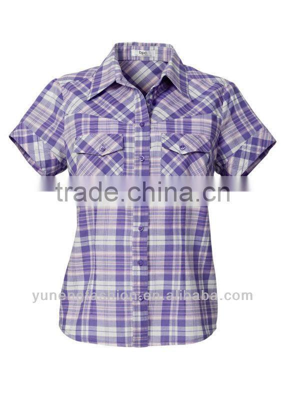 ladies plus size blouse short sleeve cotton blouse Checked blouse