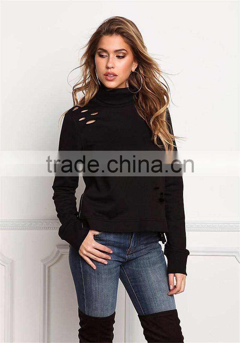 MGOO Manufacturer OEM Custom made 100 Pieces Black Distressed Turtleneck Sweater Tops CVC French Terry Tops