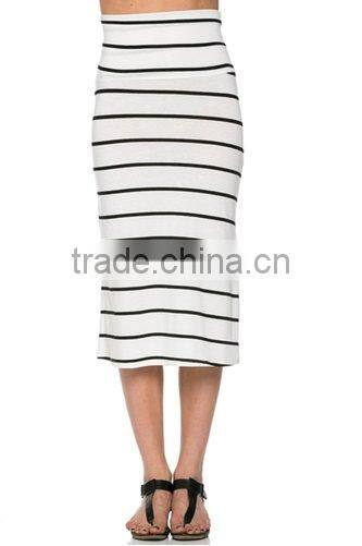 Wholesales Women's High Waisted A-Line Knit Stripe Midi Skirt