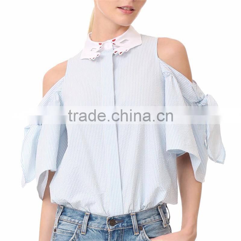 Spring half sleeve voluminous high-low hem high neck blouse designs