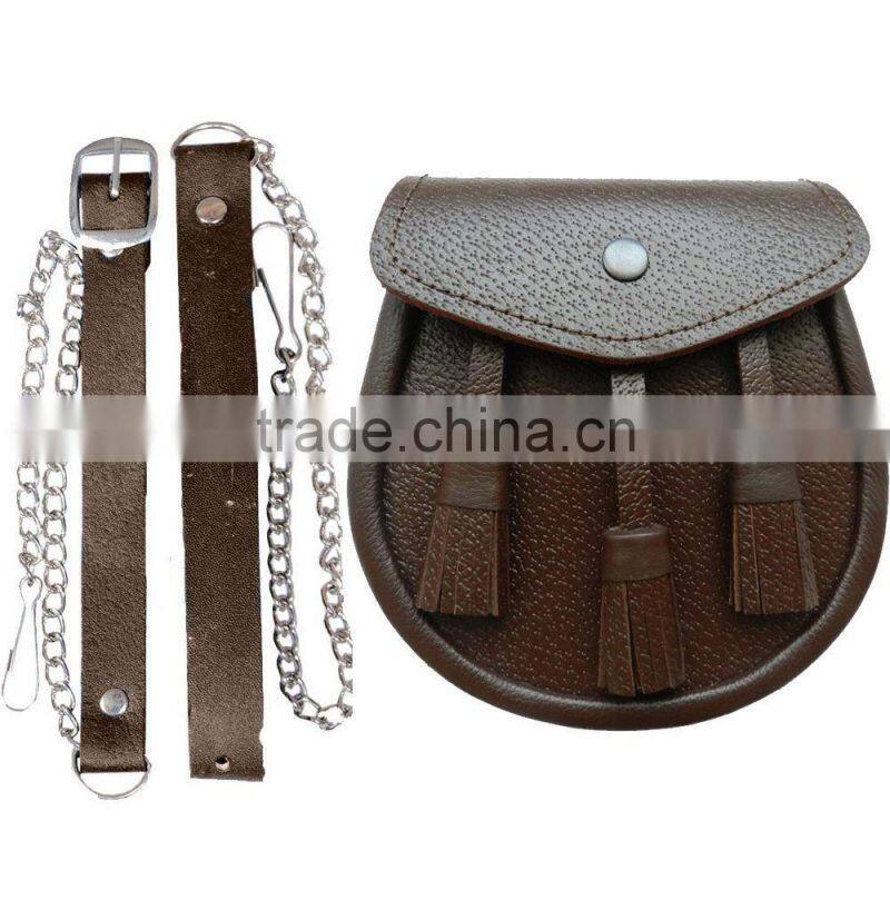 New Scottish Brown Three Tassel Leather Sporran For Kilt With Chain Belt