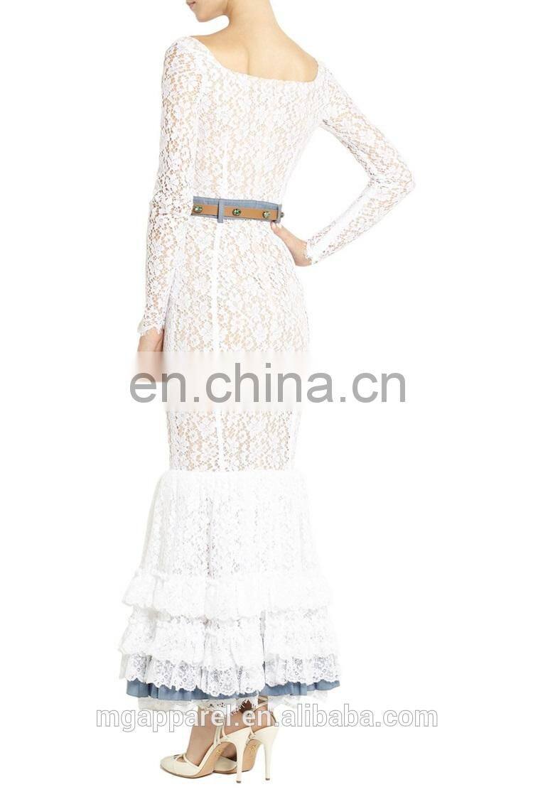 latest design formal evening gown chambray-trimmed long sleeve lace evening gown dresses