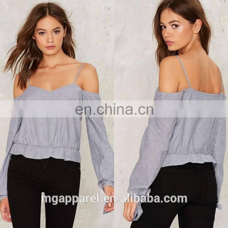 Women casual blouse designs cotton striped off shoulder blouse