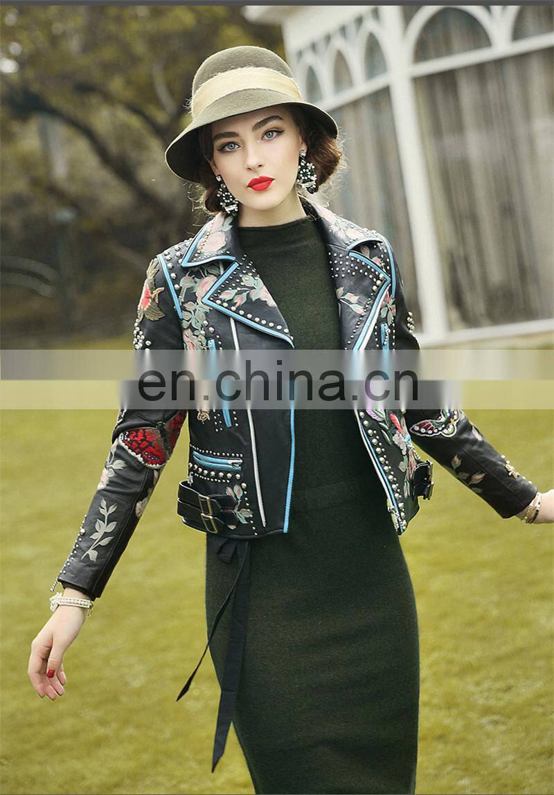 New Arrival Embroidery Leather Jacket for Women Real Motorcycle Leather Jacket