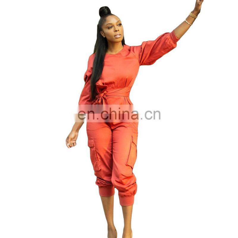 Wholesale custom women's suits long sleeve loose solid color casual and comfortable Lantern sleeve jumpsuit fashion