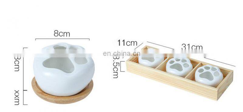 Simple White Creative Succulents Ceramic Cute Kitten Claw Treetop Planter Bamboo Stand Combination Potted Flowerpot