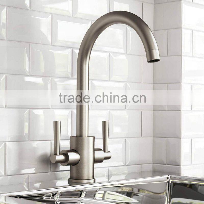 Commercial Double Handles Brushed Kitchen Mixer Taps, Swivel Spout Sink Kitchen Taps