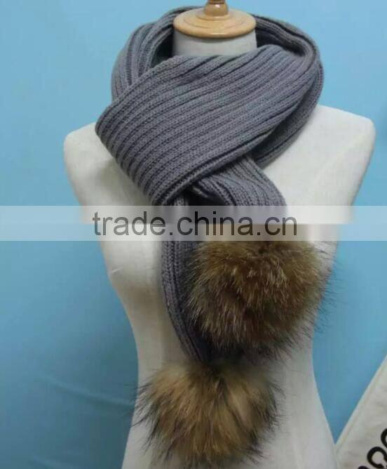 2016 Winter Newest Fashion 100% Real Raccon Fur Pompom Wool Knitted Women Crochet Scarf