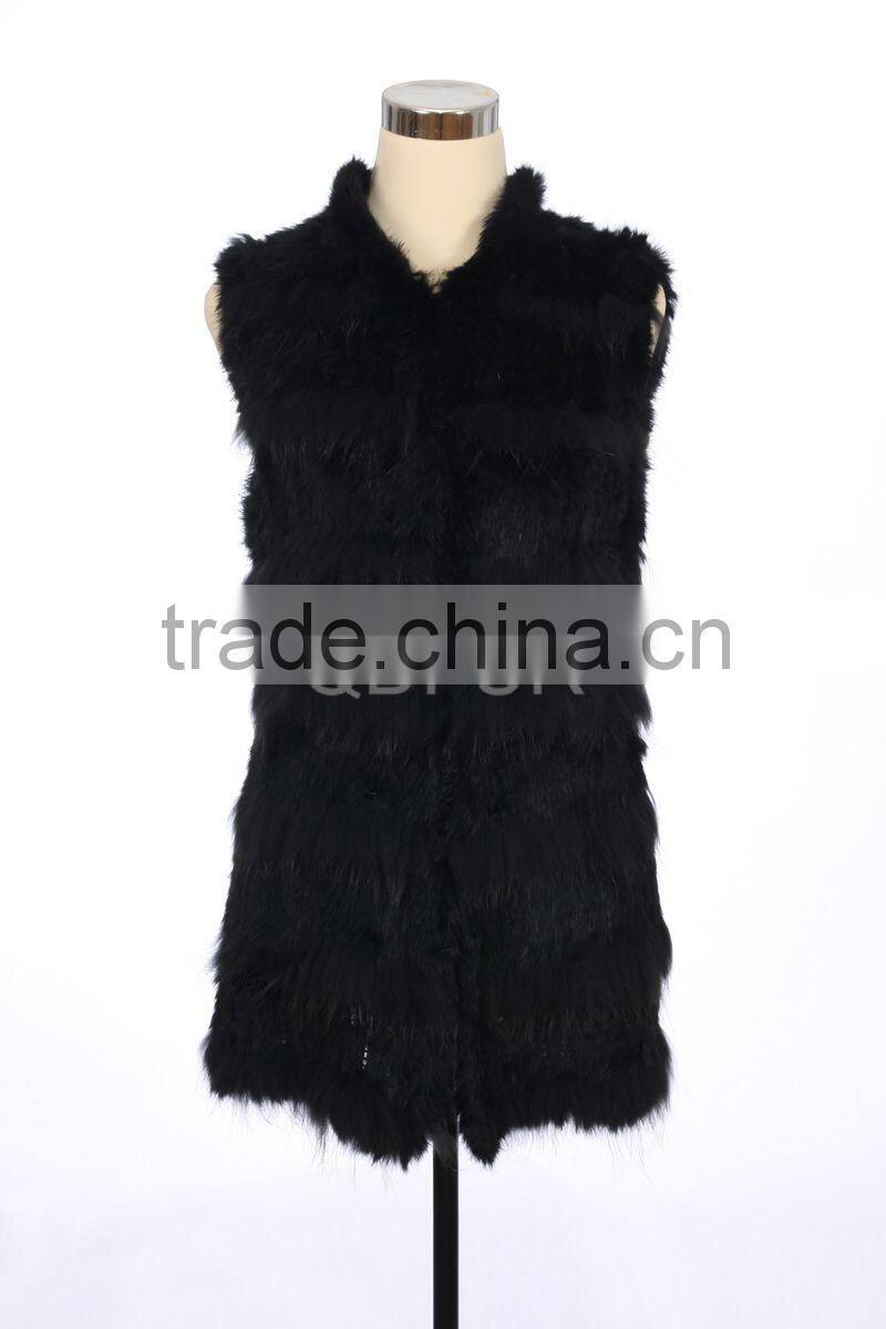 QD30304-5 Womens Sweater Vest of Rabbit Fur Gilet with Raccoon Fur Patchwork Vests