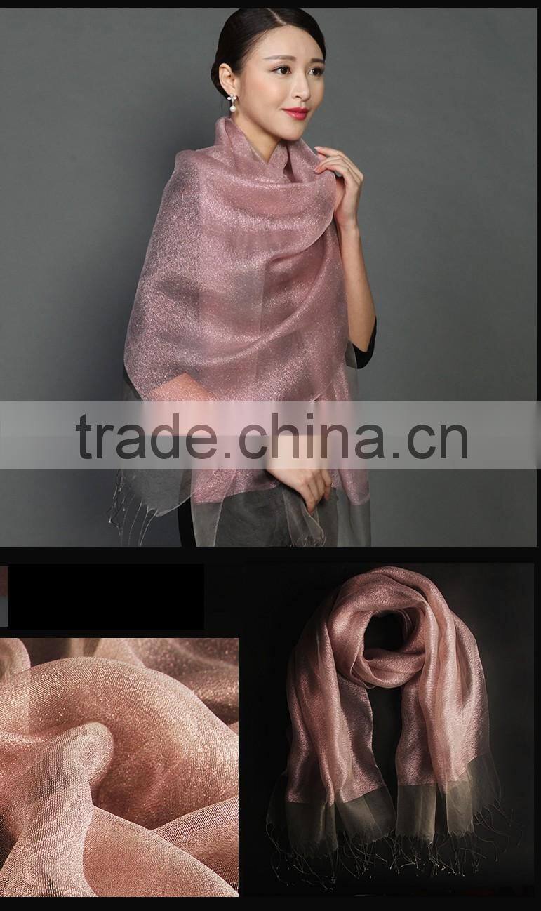 custom design fashionable metal style double-layer organza fabric colorful silk scarf ,silk shawl women made in china wholesale