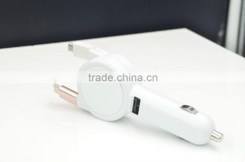 New design protable 3.1A car battery charger with double retractable built-in cable for iphone/samsung/Type-C/htc/blackberry