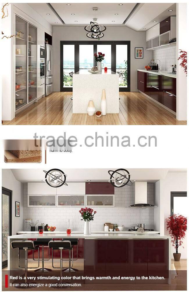 New Design White and Red Lacquer Finish Wood Veneer Kitchen Furniture with Island