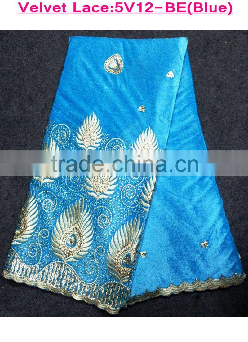 Classical design bule color indian velvet lace fabric for dress