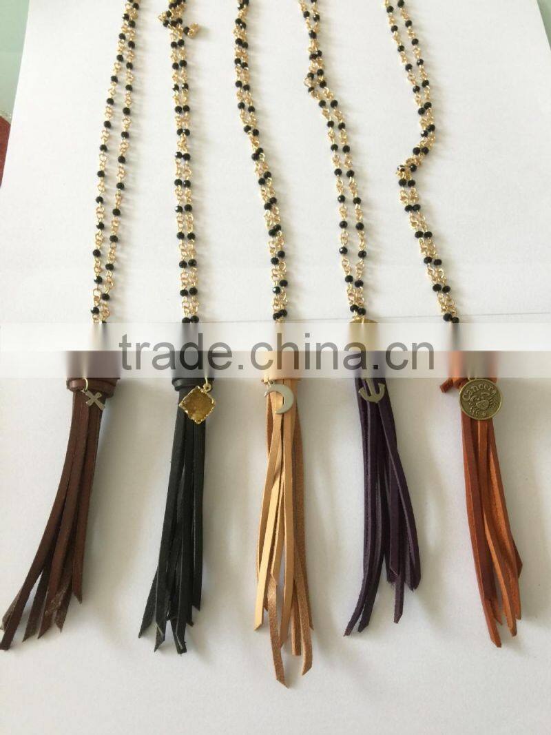 Latest Popular Natural Stone Beads Jeweled Slim Velvet Tassel Necklaces