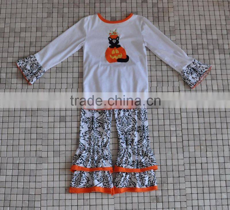Handmade 100% cotton western girl cat embroidery long sleeve halloween boutique outfit