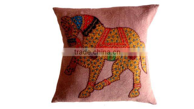 RTHCC-54 Indian Traditional Royal Horse Patchwork Art Kantha Cotton cushion covers New Year Christmas Home Decor Gift