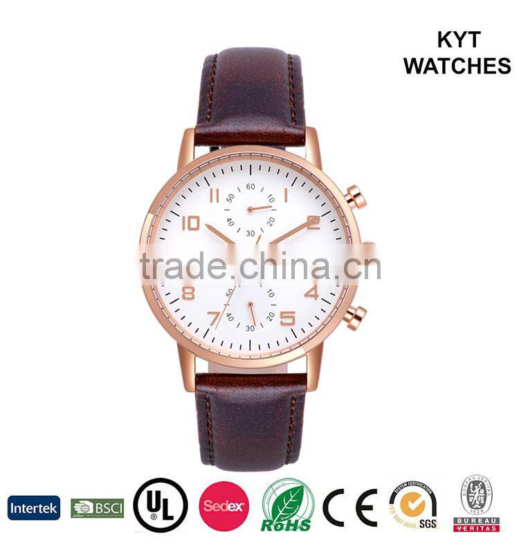 KYT Silver / Gold / Rose Gold Case 5ATM Water Resistant Wrist Quartz Mens Watch Chronograph