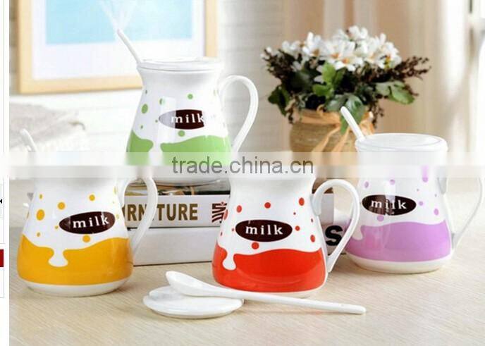 summer new simple lovely cartoon ceramic milk mug with porcelain spoon and lid