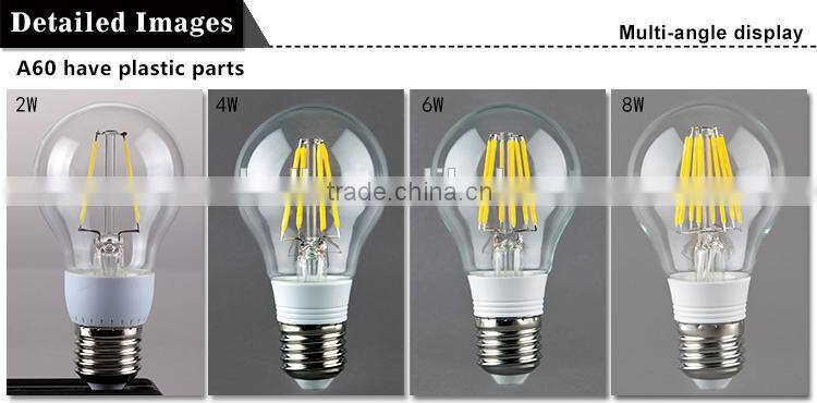 certificate approved clear glass A60 filament bulb light led bulb e27, dimmable led bulb 2600k, cheap dimmable led bulbs