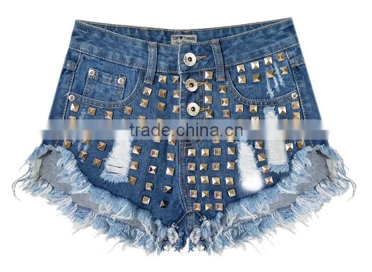 2016 Summer Women High Waist Hot Pants Ladies Decorated Metal Rivet Tassel Fringe Sexy Mini Ripped New Style Fashion Girls Jeans