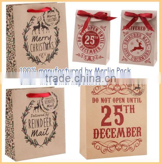 Kraft Paper Bag Winter Evergreen Christmas Trees Natural Brown Luxury Gift Large Bags